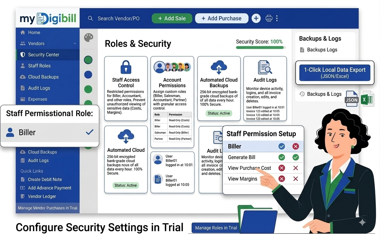 myDigiBill Roles & Security Staff Access Control Interface